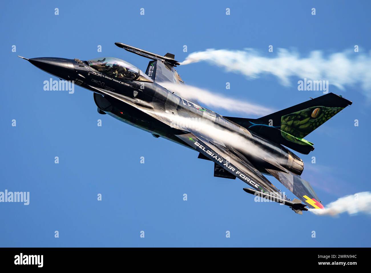 Radom, Poland - August 25, 2023: Belgian Air Force Lockheed F-16 Fighting Falcon fighter jet plane flying. Aviation and military aircraft. Stock Photo
