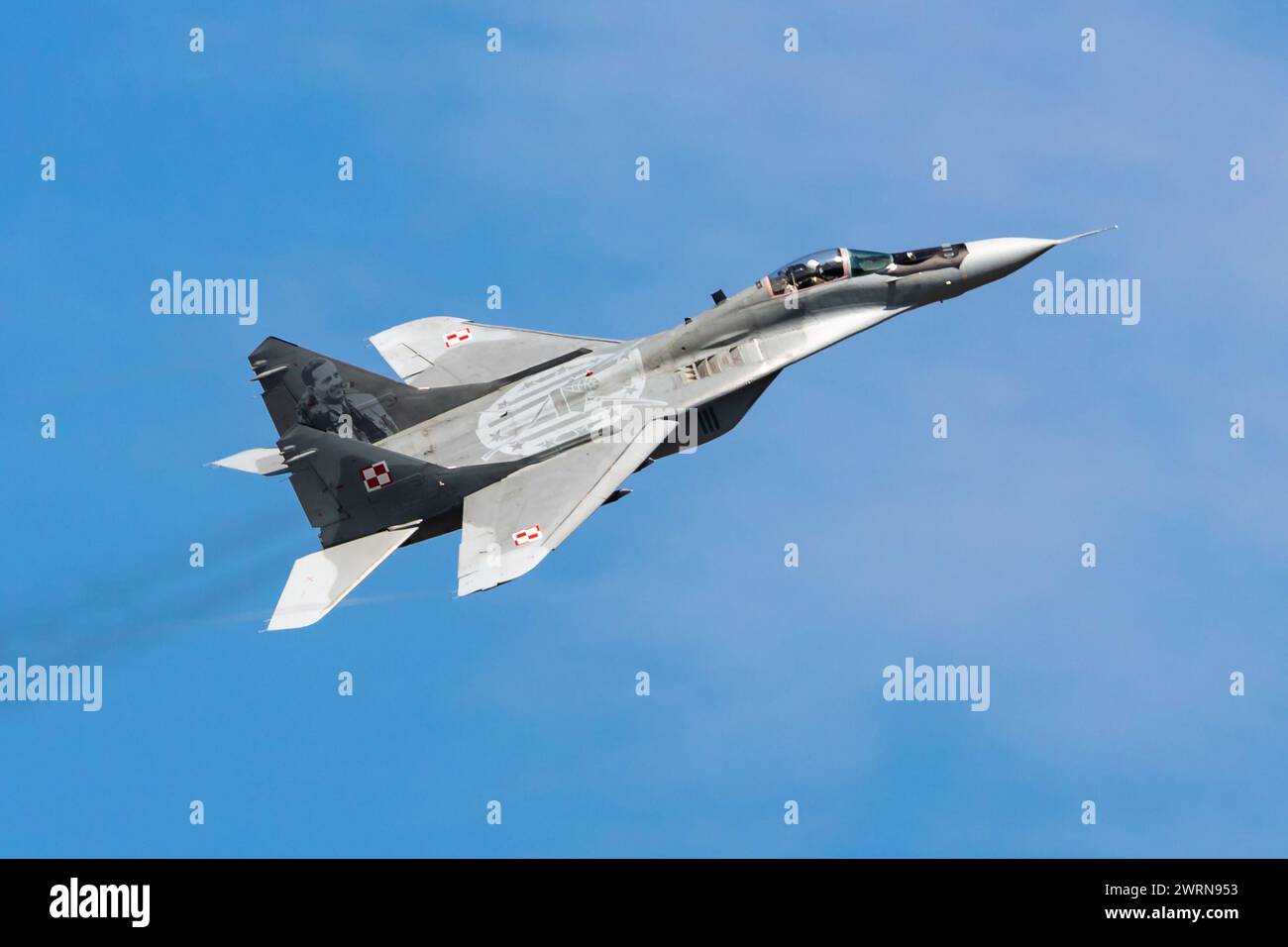 Radom, Poland - August 26, 2023: Polish Air Force Lockheed Sukhoi Su-22 Fitter fighter jet plane flying. Aviation and military aircraft. Stock Photo