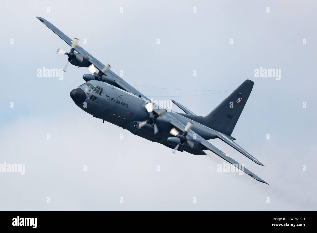 Radom, Poland - August 25, 2023: Polish Air Force Lockheed C-130 Hercules transport plane flying. Aviation and military aircraft. Stock Photo