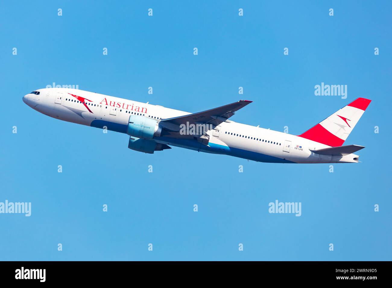 Vienna, Austria - October 14, 2023: Austrian Airlines Boeing 777-200 passenger plane at airport. Aviation and aircraft. Air transport and travel. Tran Stock Photo