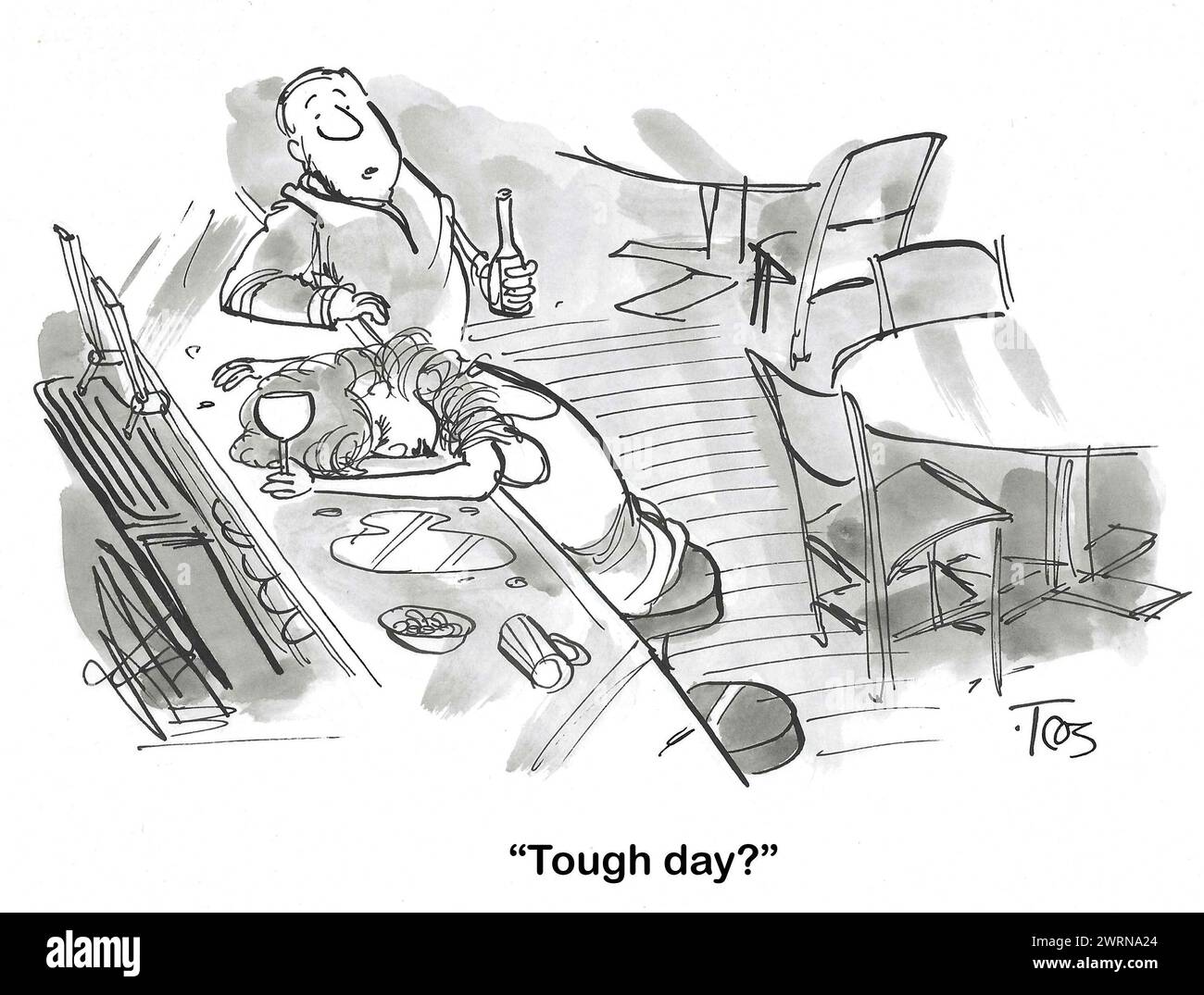 BW cartoon of a woman and man at a bar.  The woman has her head down, sleeping on the bartop.  The man asks her 'tough day?'. Stock Photo