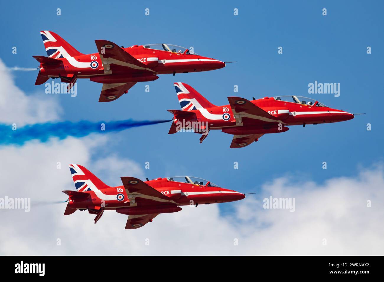 FAIRFORD / UNITED KINGDOM - JULY 12, 2018: Royal Air Force aerobatic team Red Arrows with BAe Hawk T1A display for RIAT Royal International Air Tattoo Stock Photo