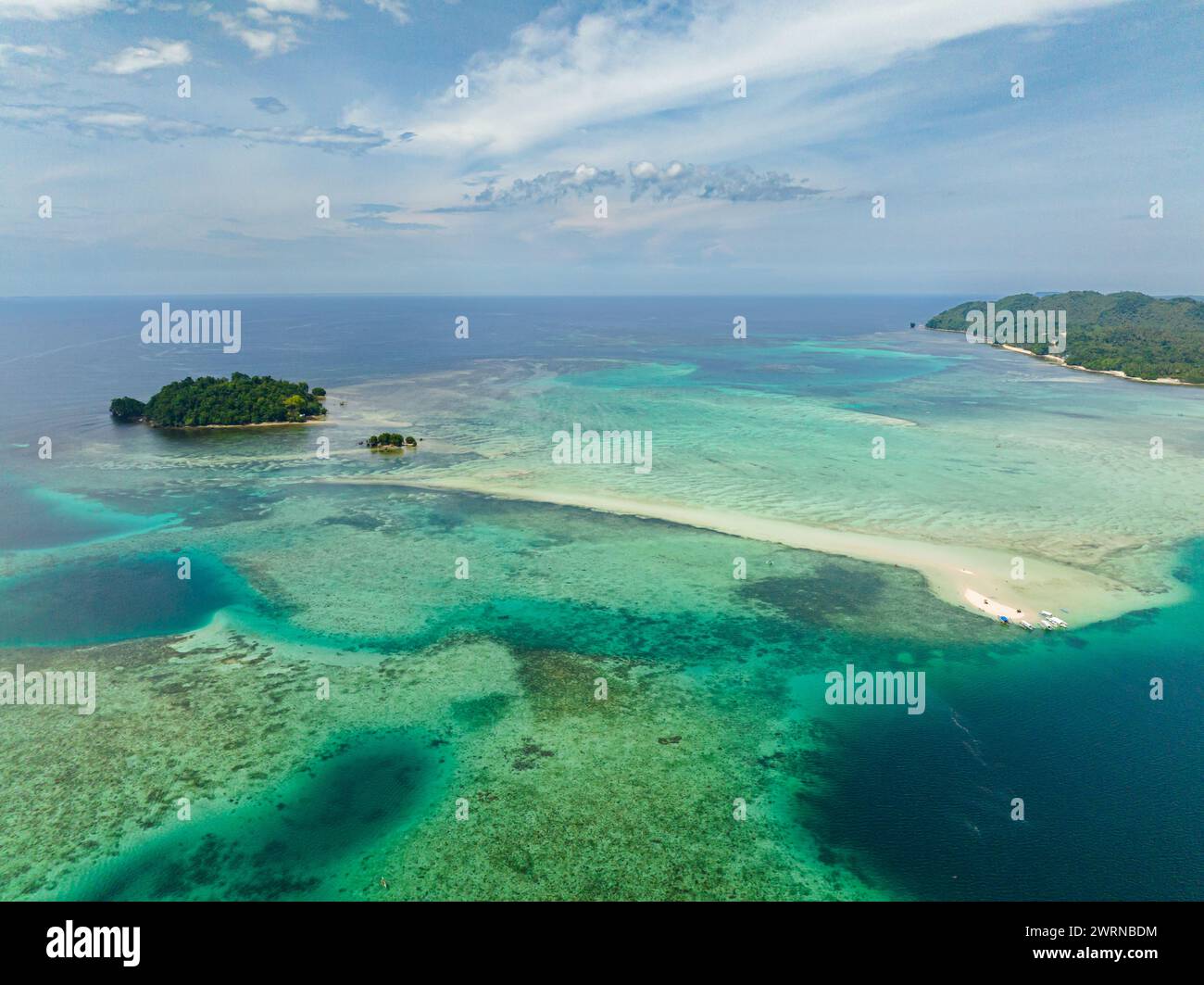 Drone view of Vanishing Island and Turtle Island surrounded by turquoise water. Barobo, Surigao del Sur. Philippines. Stock Photo