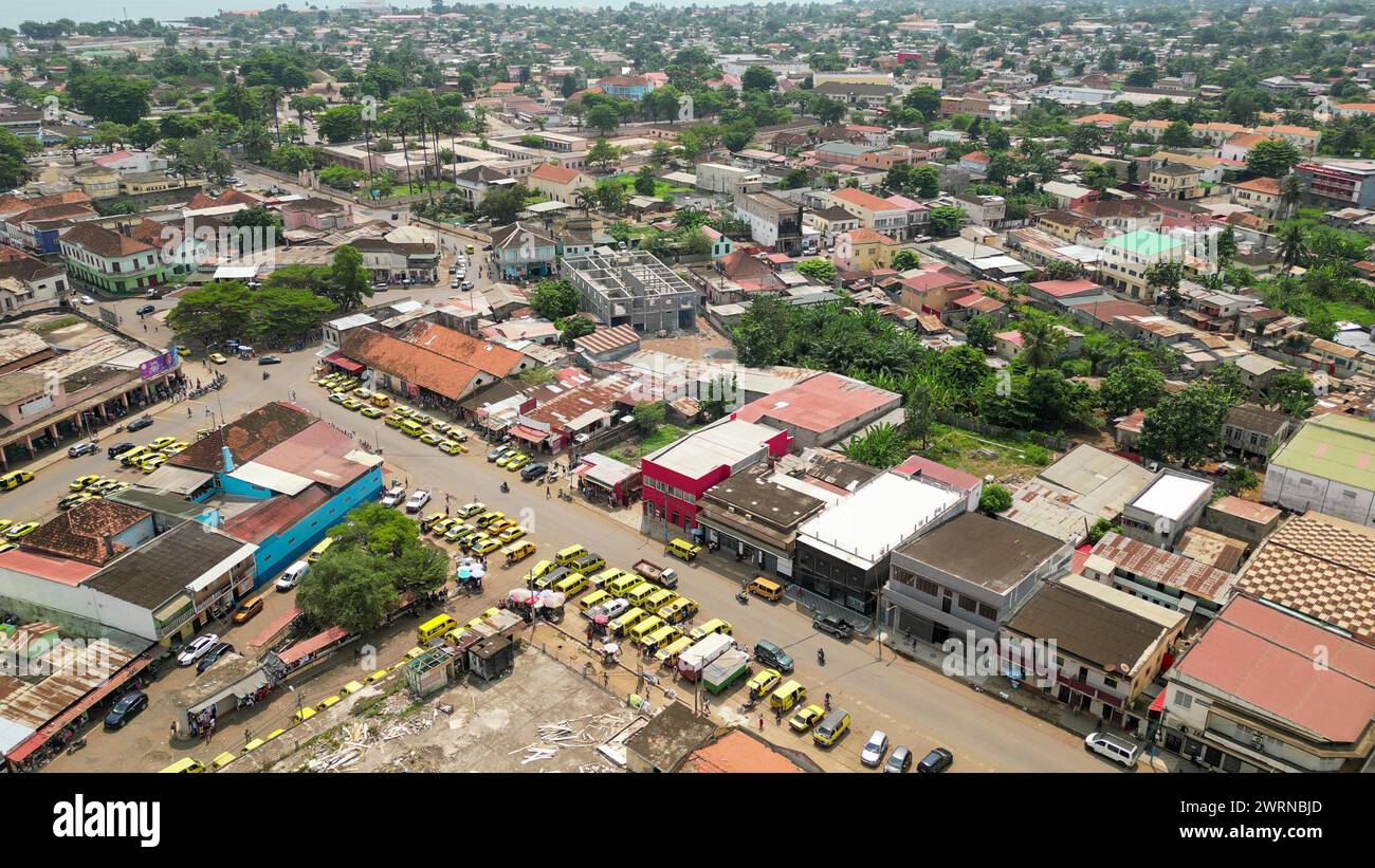 Seen from above a cluster of stopped taxis in the city of Sao Tome,Africa Stock Photo