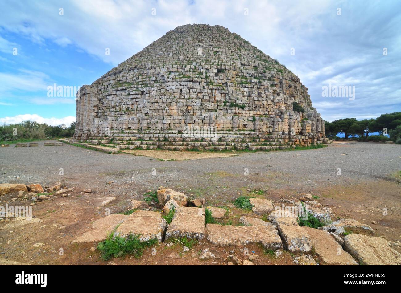 The Royal Mausoleum of Mauretania is a funerary monument located on the road between Cherchell and Algiers Stock Photo