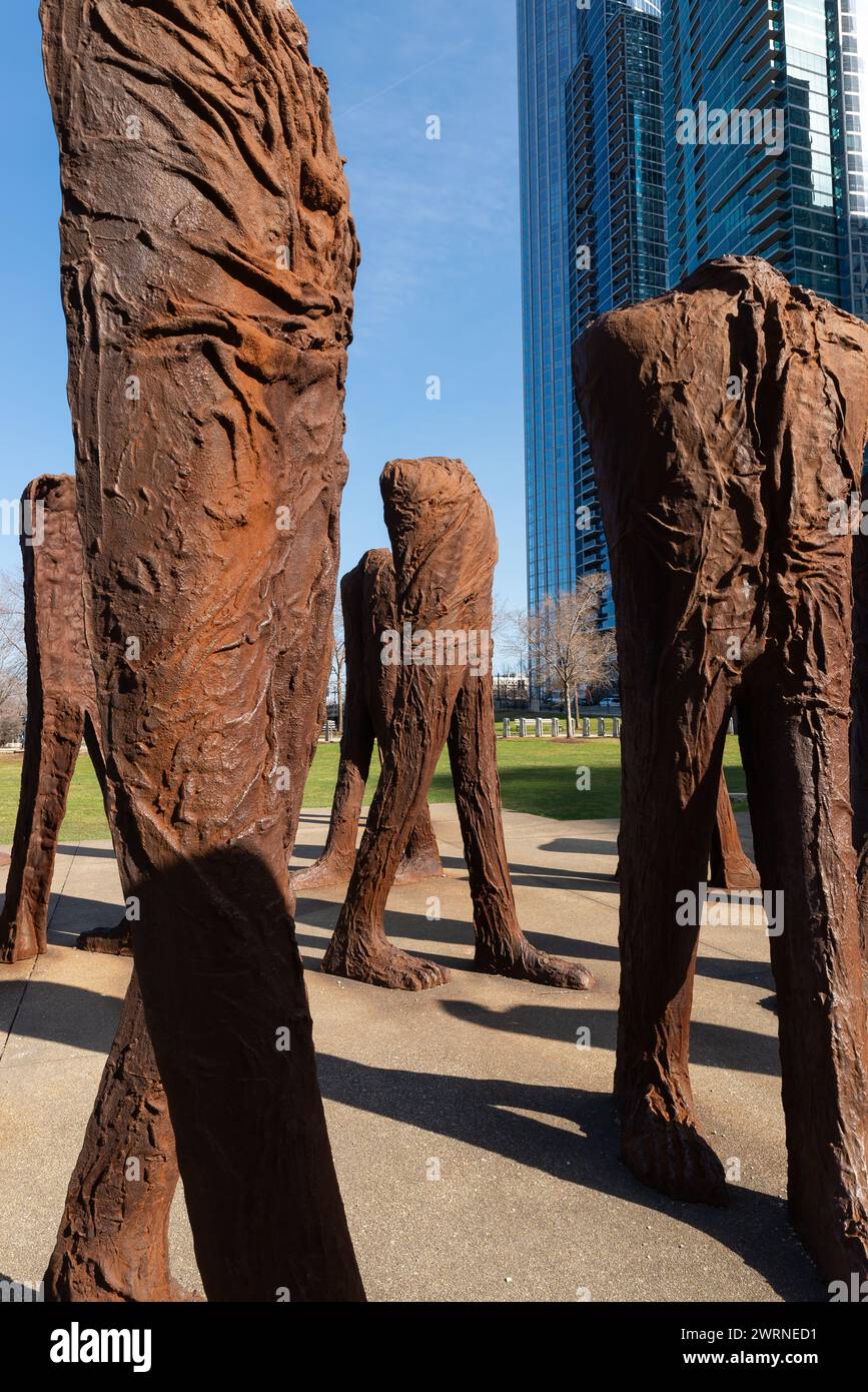 Chicago, Illinois - United States - March 11th, 2024: Art installation titled 'Agora Big Feet' by artist Magdalena Abakanowicz, installed in 2006, in Stock Photo