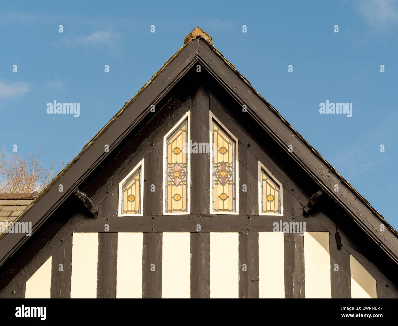 Exposed timber gable of The Gardener's House at Quarry Bank, Styal, Wilmslow, Cheshire, UK Stock Photo
