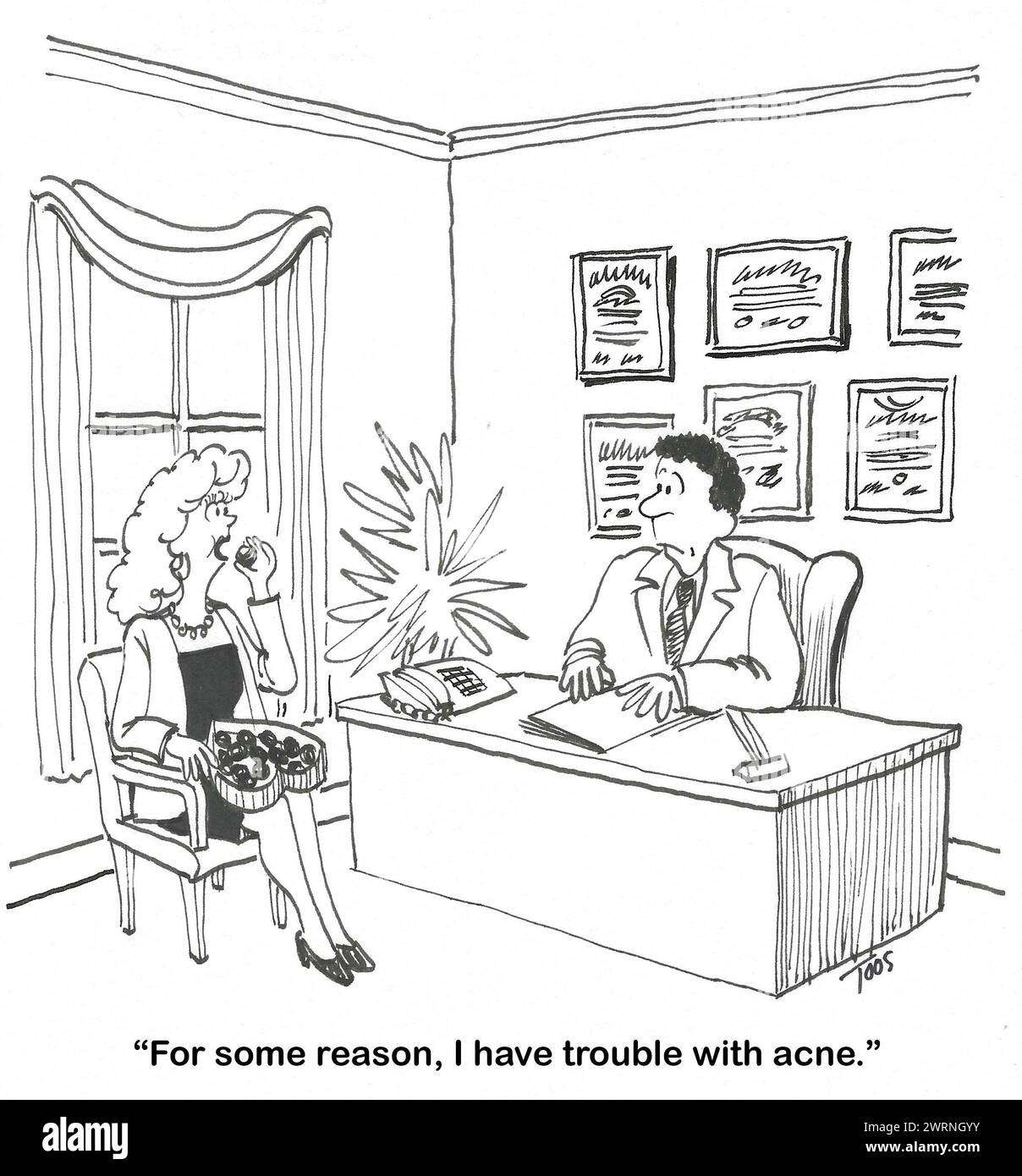 BW cartoon of a woman at a dermatologist's office.  She is eating chocolate and has trouble with acne. Stock Photo