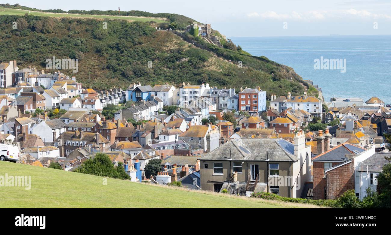 Hastings, united kingdom, 24, August 2023 General view of Hastings old town from West Hill with green hills in the background Stock Photo