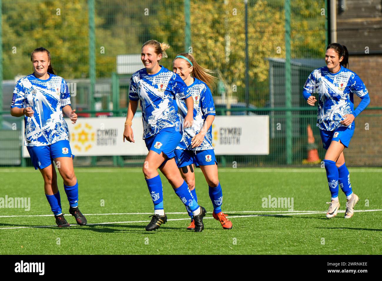 Ystrad Mynach, Wales. 3 October, 2021. Cori Williams of Cardiff City Ladies celebrates scoring her side's opening goal with her team-mates during the FA Women's National League Southern Premier Division match between Cardiff City Ladies and Hounslow Women at the Centre of Sporting Excellence in Ystrad Mynach, Wales, UK on 3, October 2021. Credit: Duncan Thomas/Majestic Media. Stock Photo