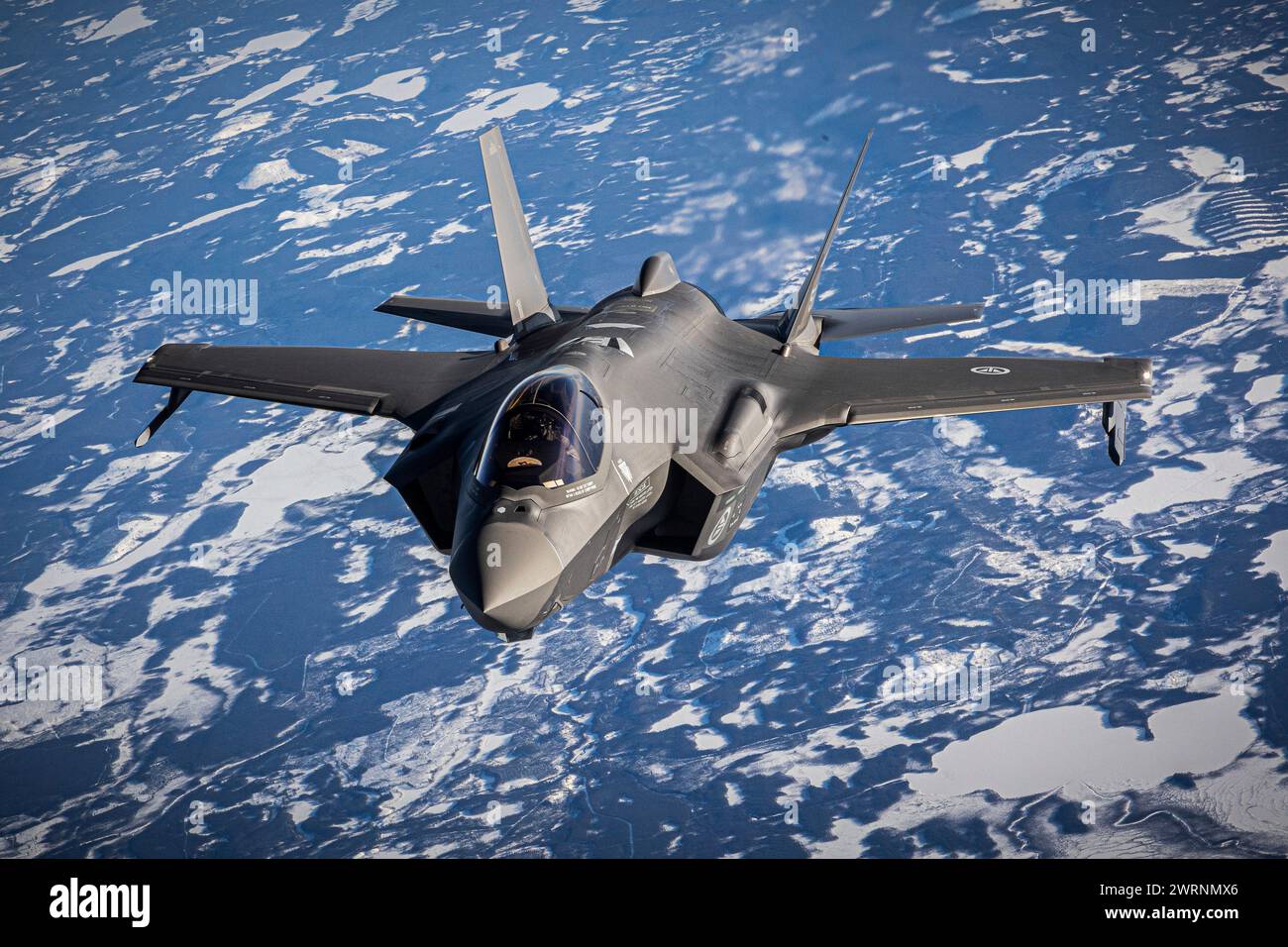 Swedish Airspace, Sweden. 11 March, 2024. A Norwegian Royal Air Force F-35 Lightning II stealth fighter aircraft, approaches to refuel from an U.S Air Force KC-135 Stratotanker during exercise Nordic Response 24, March 11, 2024 over Sweden. Nordic Response is a yearly multinational exercise led by Norway.  Credit: MSgt. Andrew Sinclair/U.S. Air Force/Alamy Live News Credit: MSgt. Andrew Sinclair/U.S. Air Force/Alamy Live News Stock Photo