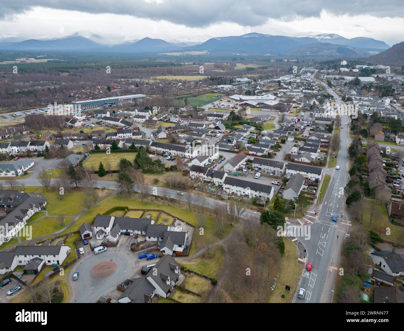 Modern houses in the town of Aviemore in the Scottish Highlands Stock ...