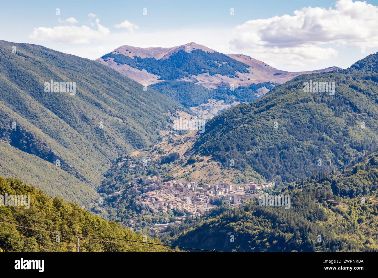 The ancient village of Scanno, in Abruzzo, in the province of L'Aquila, located among the Marsican Mountains. The town is surrounded by green mountain Stock Photo