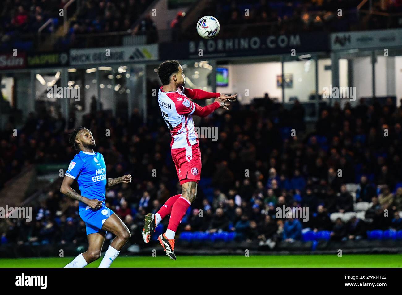 Terence Vancooten (15 Stevenage) heads the ball during the Sky Bet League 1 match between Peterborough and Stevenage at London Road, Peterborough on Wednesday 13th March 2024. (Photo: Kevin Hodgson | MI News) Credit: MI News & Sport /Alamy Live News Stock Photo