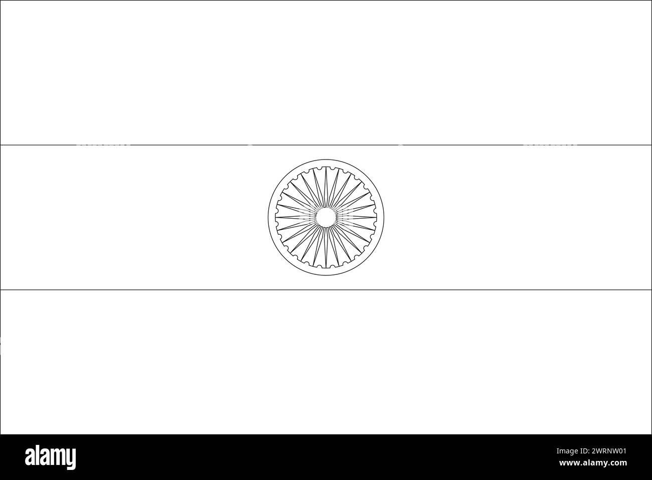 India flag - thin black vector outline wireframe isolated on white background. Ready for colouring. Stock Vector