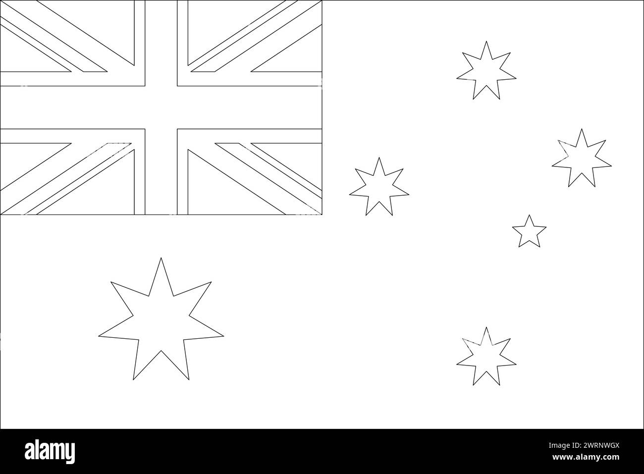 Australia flag - thin black vector outline wireframe isolated on white background. Ready for colouring. Stock Vector