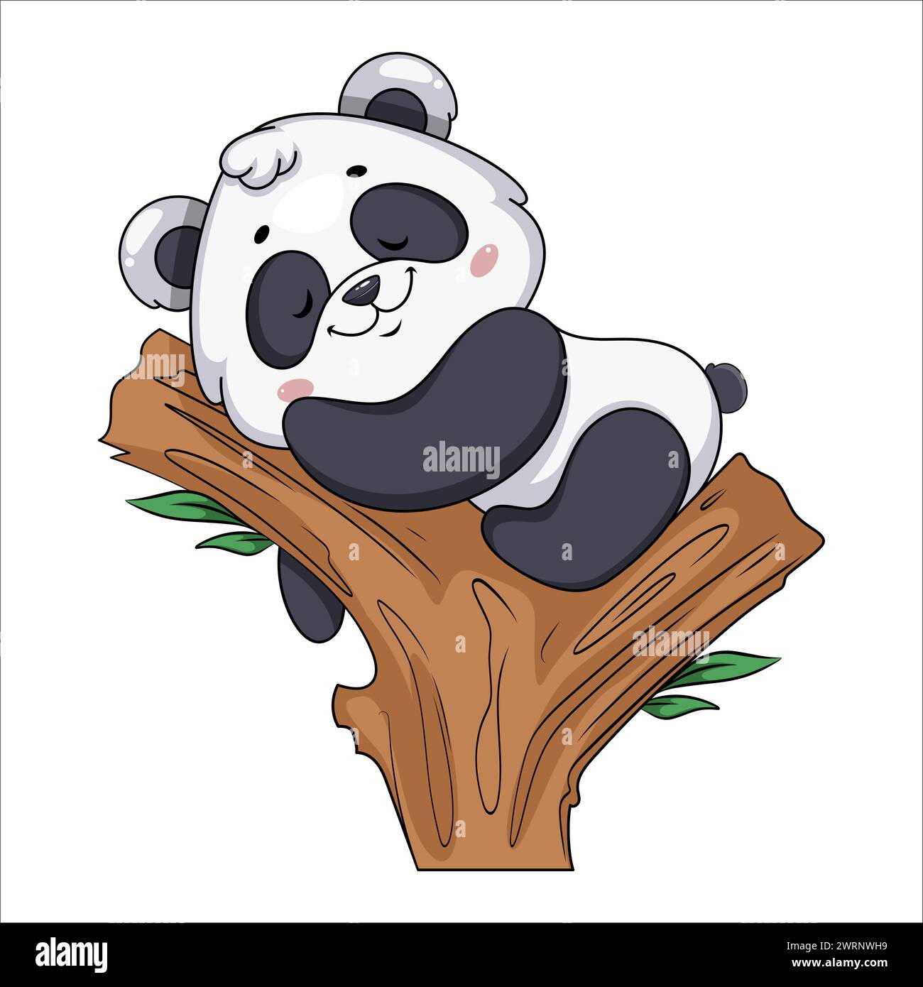 Cute panda sleeping on the bamboo tree. Funny cartoon character. Stock vector illustration on white background. Stock Vector