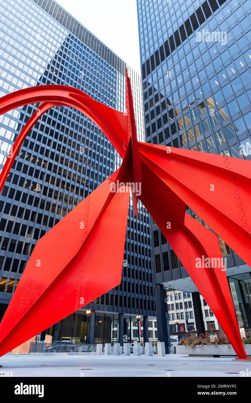 Chicago, Illinois - United States - March 11th, 2024: Art installation titled "Alexander Calder's Flamingo" by artist Alexander Calder, constructed in Stock Photo