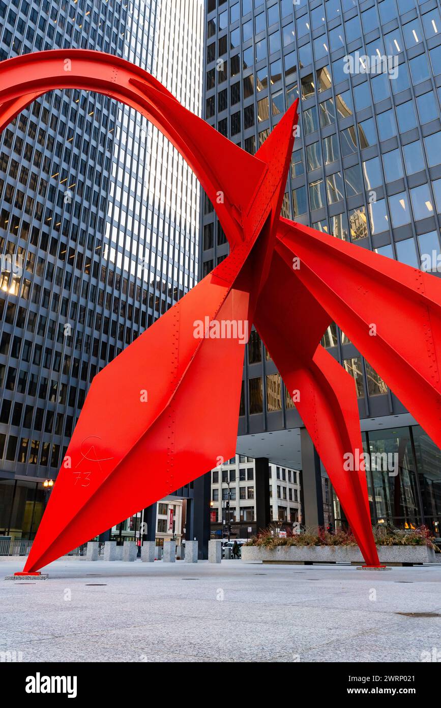 Chicago, Illinois - United States - March 11th, 2024: Art installation titled 'Alexander Calder's Flamingo' by artist Alexander Calder, constructed in Stock Photo