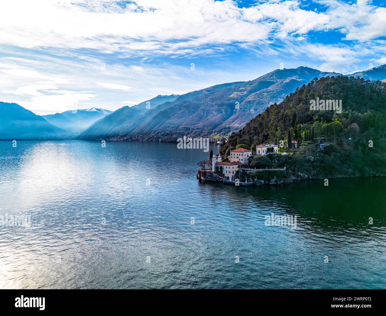 Aerial view of Villa Balbianello peninsula on Lake Como Stock Photo