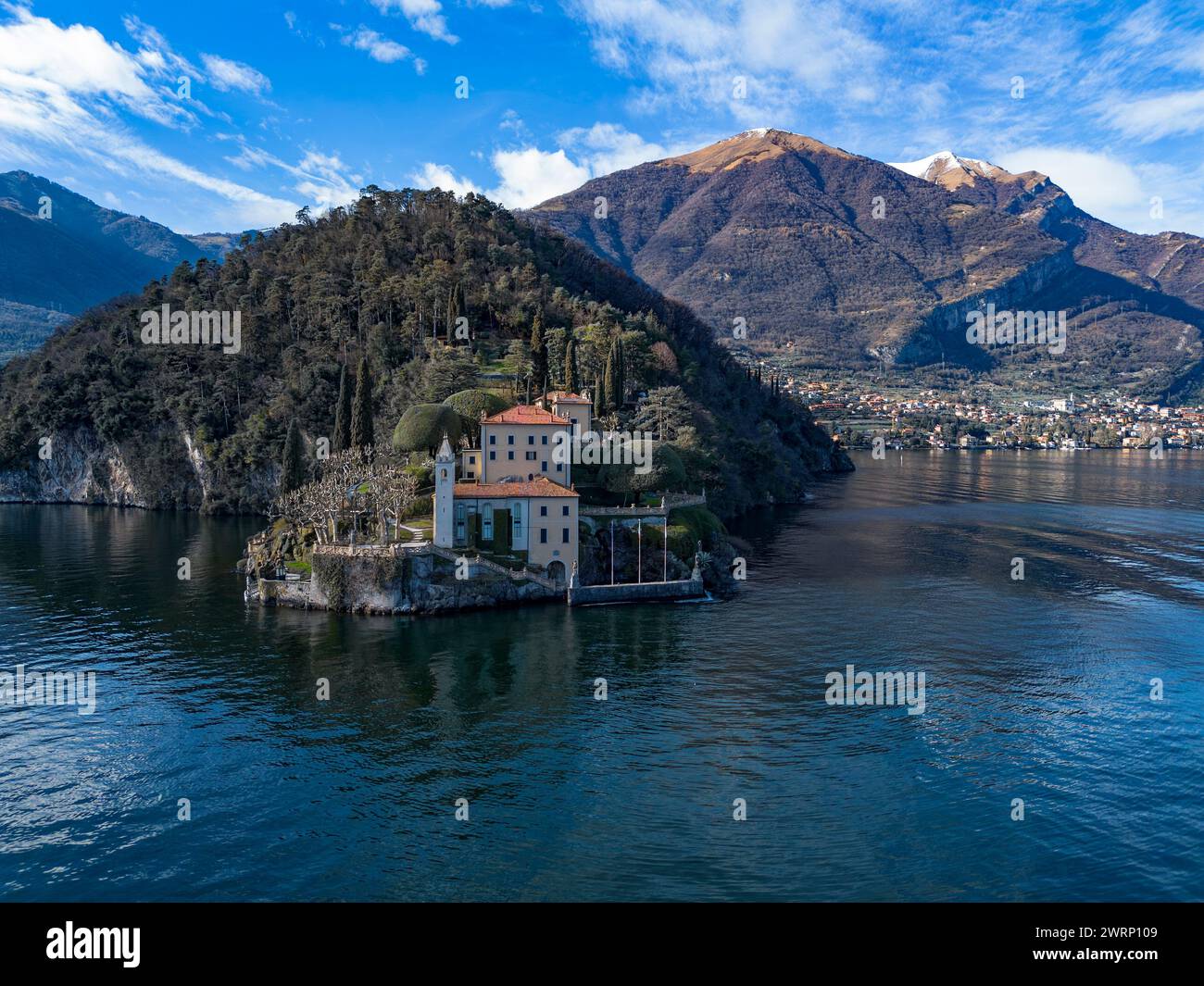 Aerial view of Villa Balbianello peninsula on Lake Como Stock Photo