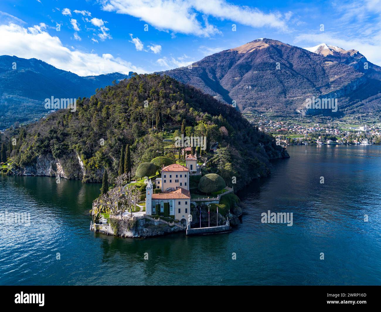 Aerial view of Villa Balbianello peninsula on Lake Como Stock Photo