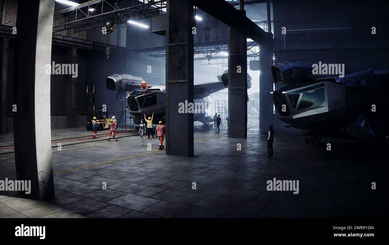 Robot walking. Production of military futuristic ship at the factory. Future concept. 3d rendering. Stock Photo