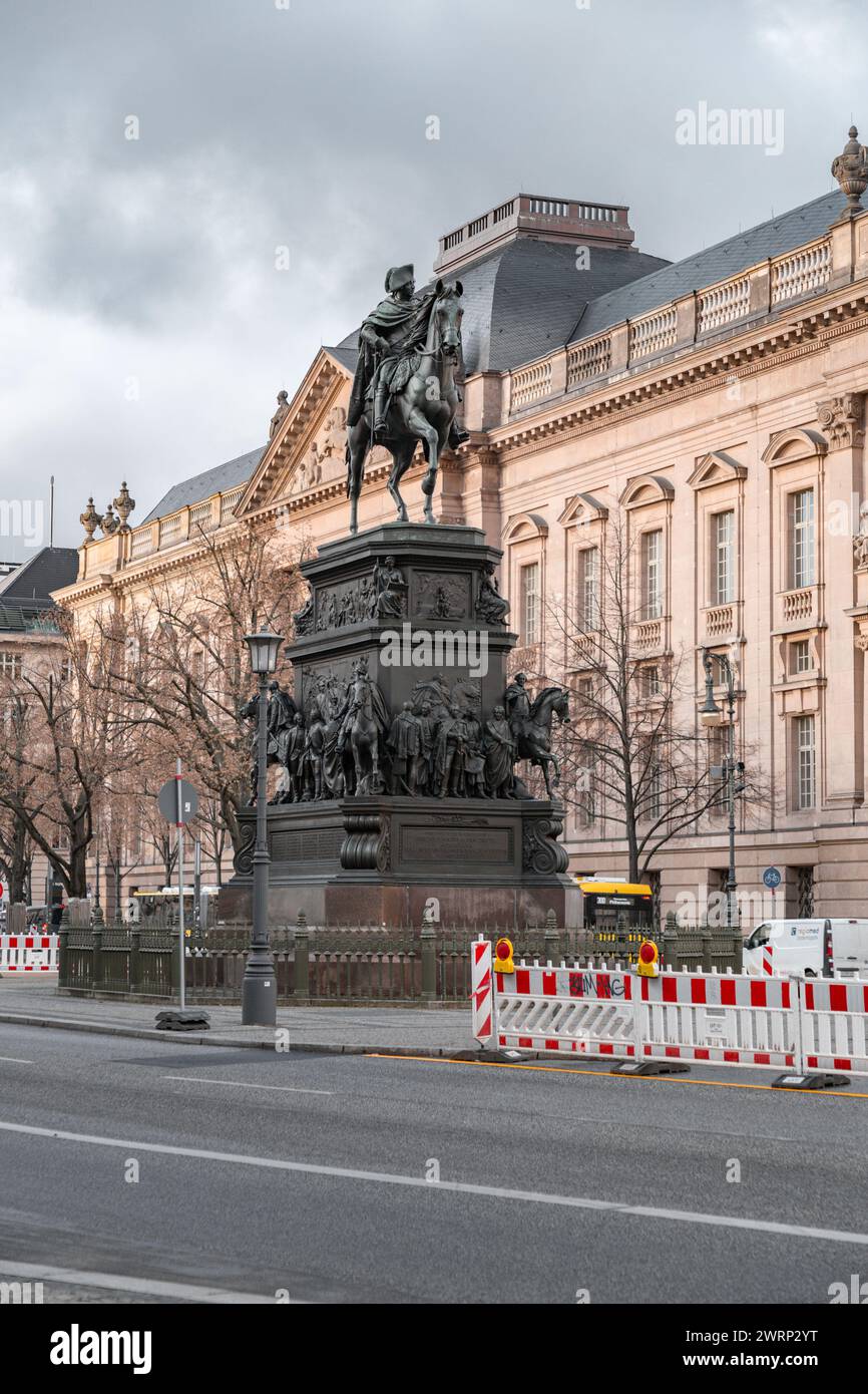 Berlin, Germany - Decmber 16, 2021: The majestic equestrian statue of Frederick the Great at the east end of Unter den Linden, Berlin, Germany. Stock Photo