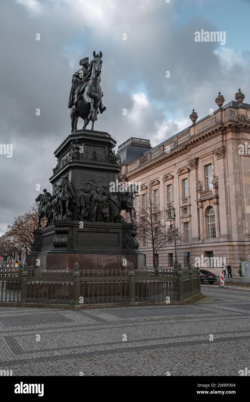 Berlin, Germany - Decmber 16, 2021: The majestic equestrian statue of Frederick the Great at the east end of Unter den Linden, Berlin, Germany. Stock Photo