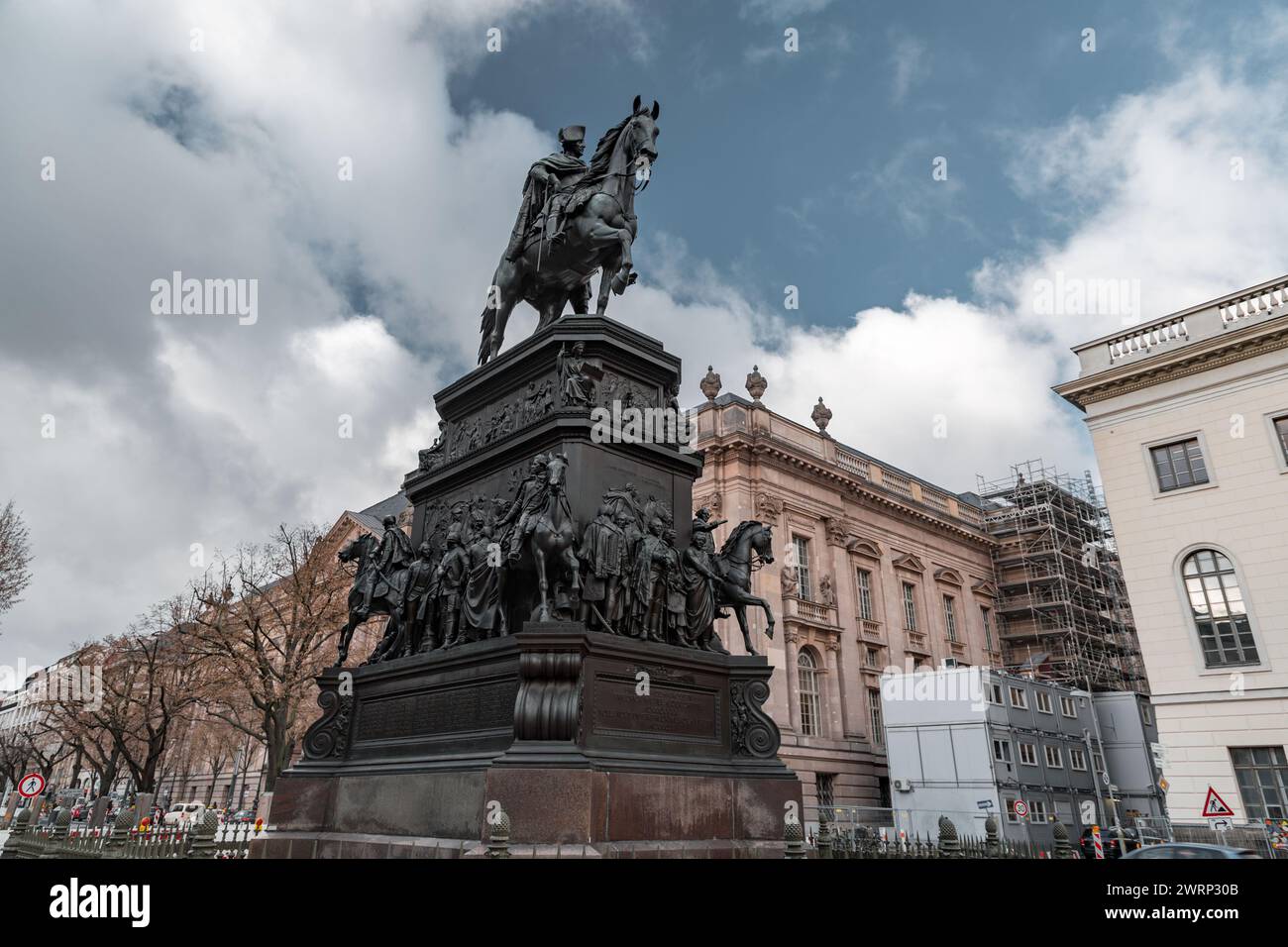 Berlin, Germany - Decmber 16, 2021: The majestic equestrian statue of Frederick the Great at the east end of Unter den Linden, Berlin, Germany. Stock Photo