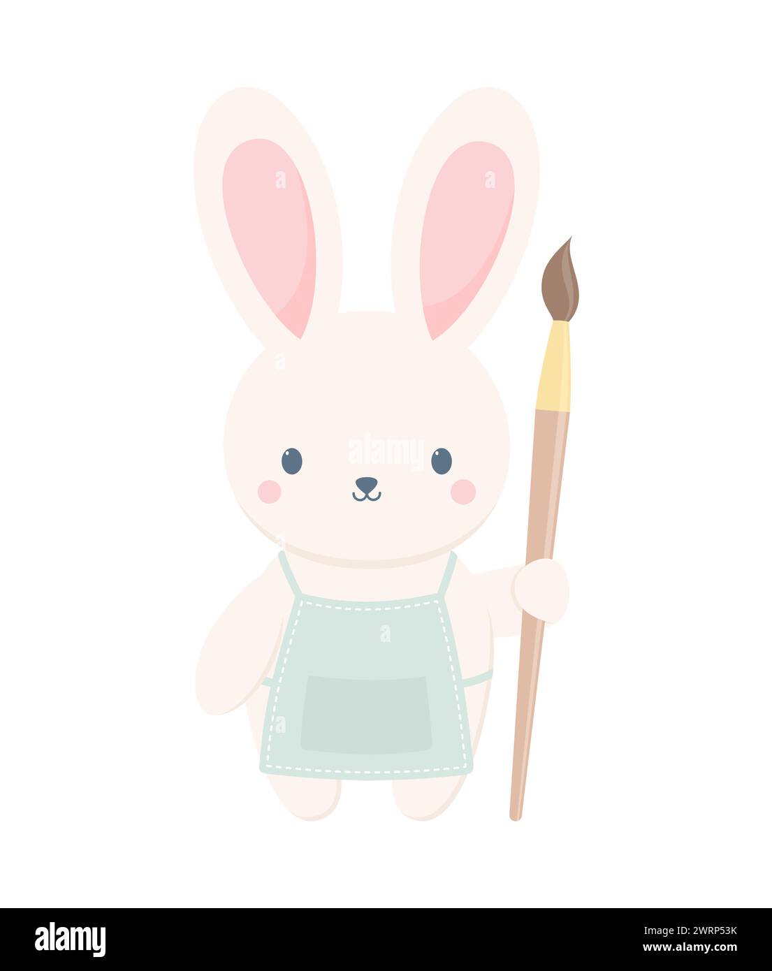 Cute bunny in apron holding paint brush isolated on white background. Easter cartoon character, flat vector illustration Stock Vector