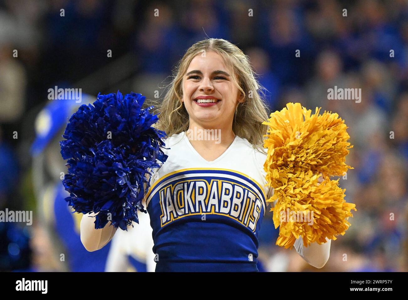 A South Dakota State cheerleader entertains the crowd during the women's final at the Summit League basketball tournament at the Denny Sanford Premier Center in Sioux Falls, South Dakota on Tuesday, March 12, 2024. South Dakota State wins the championship 67-54 over North Dakota State. Russell Hons/CSM. Stock Photo
