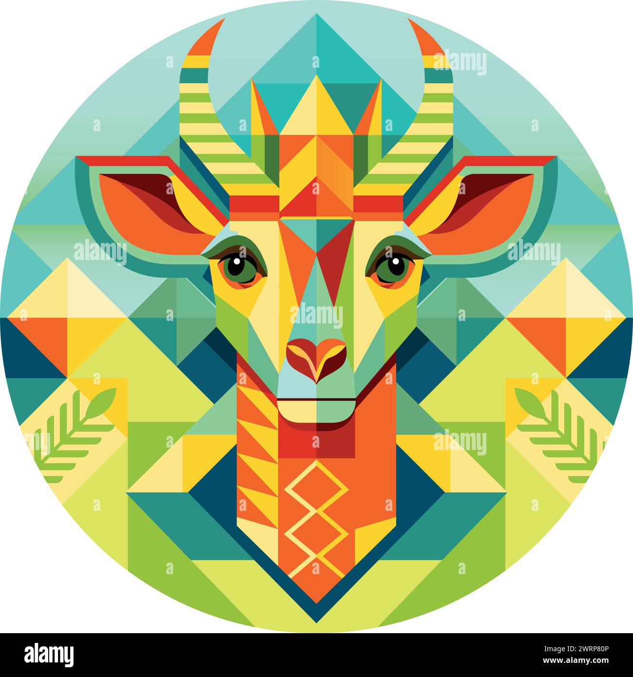 Front view of African mask shaped like a giraffe head in geometric style with warm colors. Vector image Stock Vector