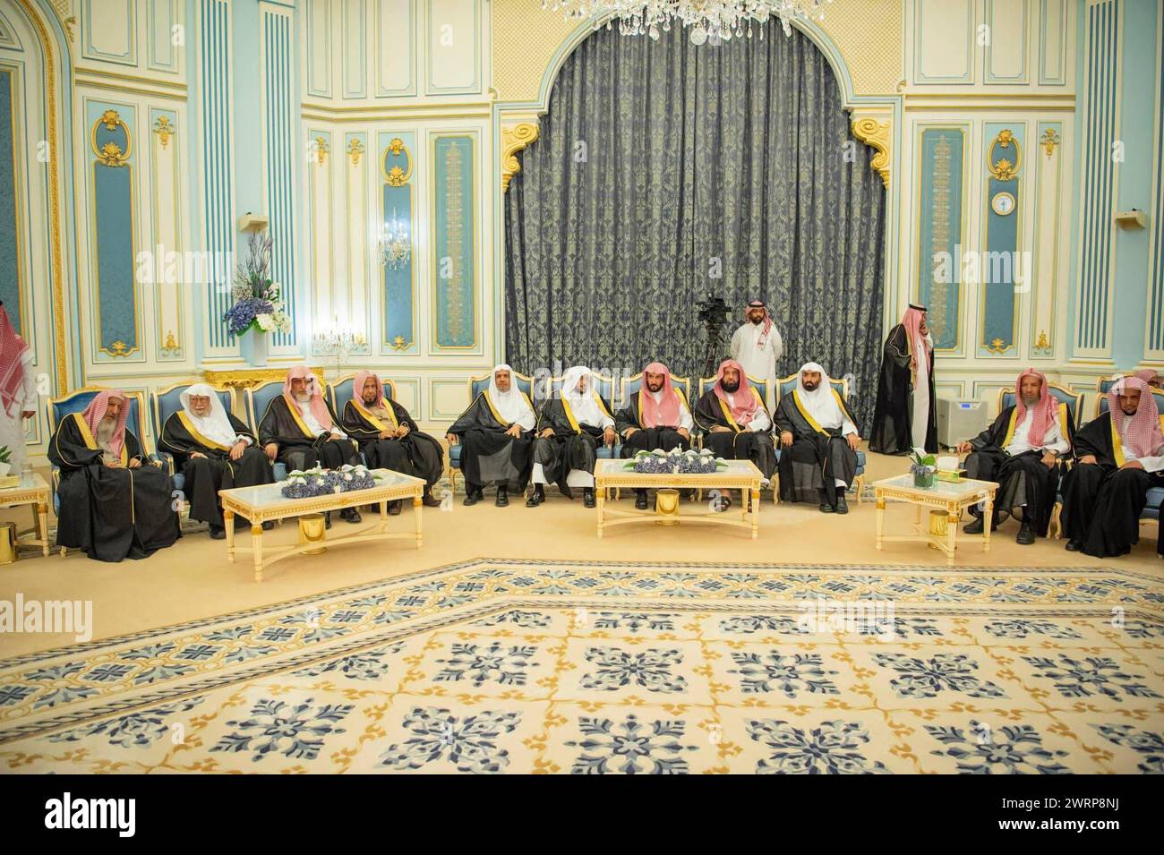 The Crown Prince and Prime Minister of Saudi Arabia, Prince Mohammed bin Salman bin Abdulaziz Al Saud, receives the Grand Mufti The Crown Prince and Prime Minister of Saudi Arabia, Prince Mohammed bin Salman bin Abdulaziz Al Saud, receives the Grand Mufti of the Kingdom, princes, scholars, ministers, and a group of people, to congratulate the blessed month of Ramadan, at Al Yamamah Palace in Riyadh, on March 13, 2024. Photo by Saudi Press Agency APAimages Riyadh Riyadh Saudi Arabia 130324 Saudi Arabi SPA 0010 Copyright: xapaimagesxSaudixPressxAgencyxxapaimagesx Stock Photo