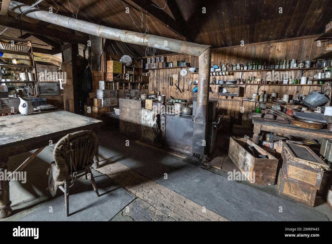 Antarctica, Ross Sea, Ross Island, Cape Evans, Scott's Hut. Cabin overview, kitchen. Stock Photo