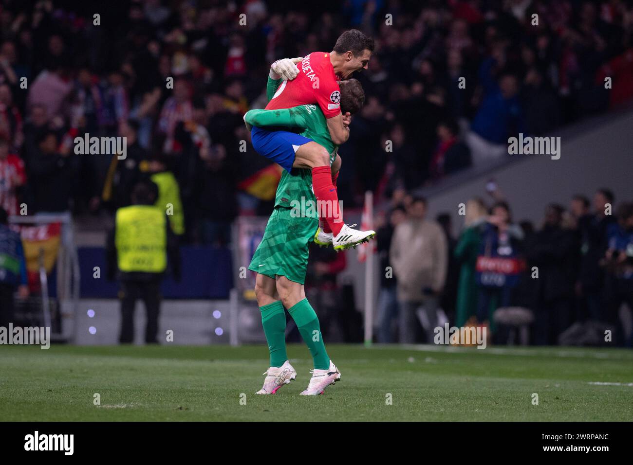 13th March 2024;  Metropolitano Stadium, Madrid, Spain, Champions League, Round of 16 Football, Atletico Madrid versus Inter Milan; Atletico players celebrate with Stock Photo