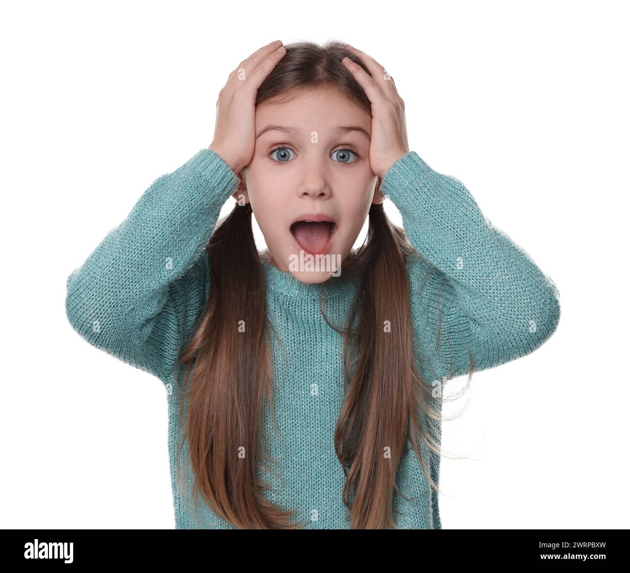 Portrait of surprised girl on white background Stock Photo - Alamy