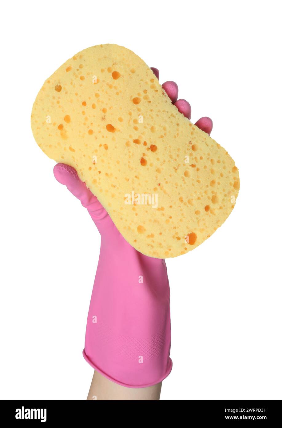 Cleaner in rubber glove holding new yellow sponge on white background ...