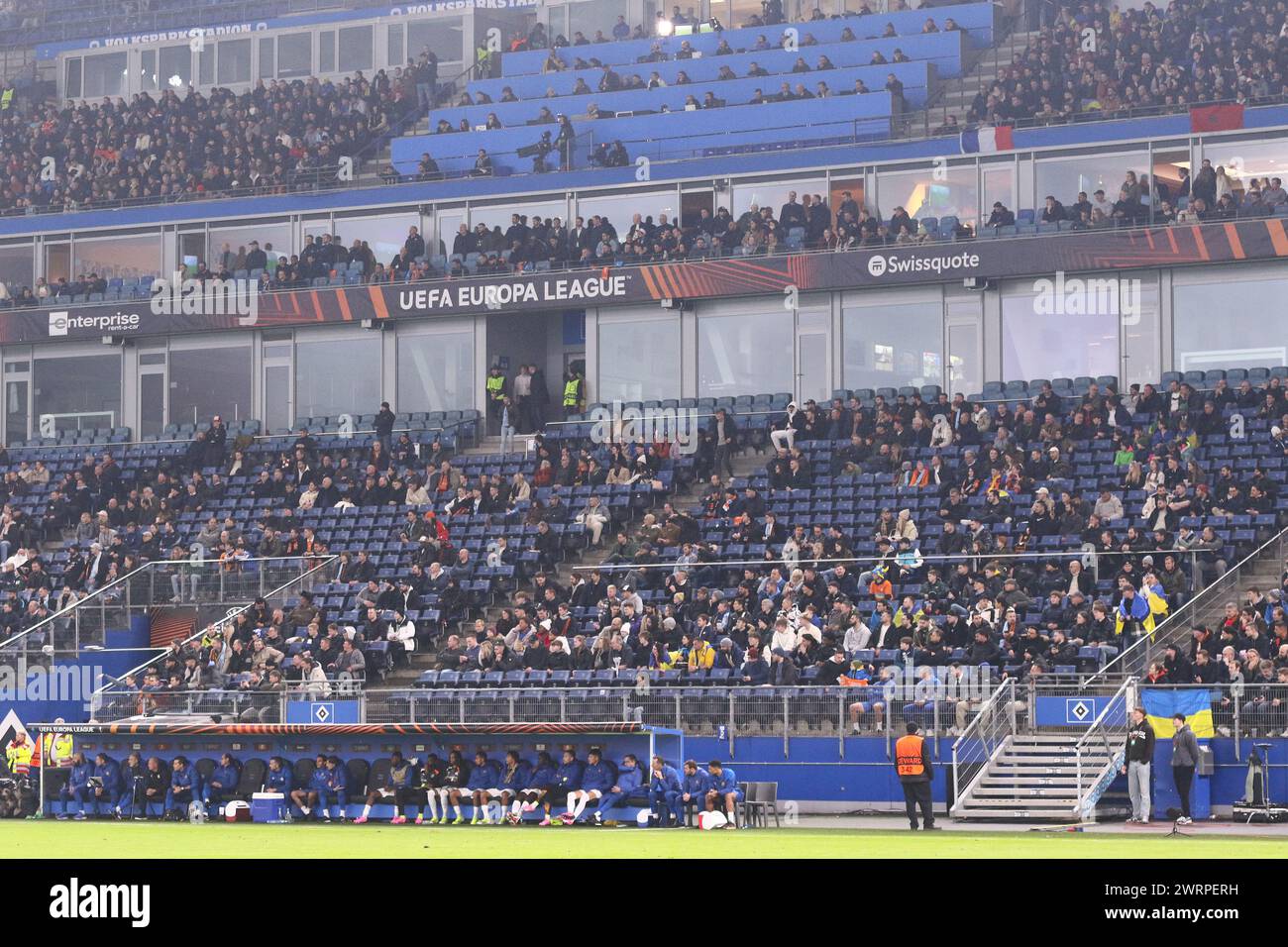 Hamburg, Germany - February 15, 2024: Central tribunes of Volksparkstadion in Hamburg during the UEFA Europa League game Shakhtar Donetsk v Marseille Stock Photo