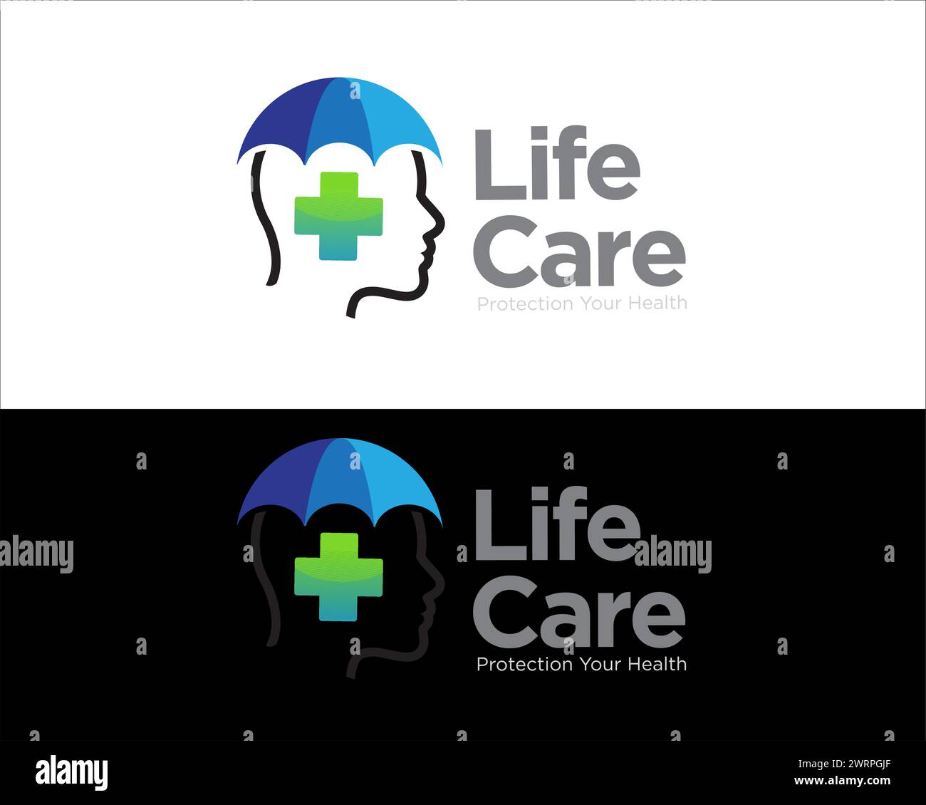 life care insurance logo with umbrella and head figure logo Stock Vector