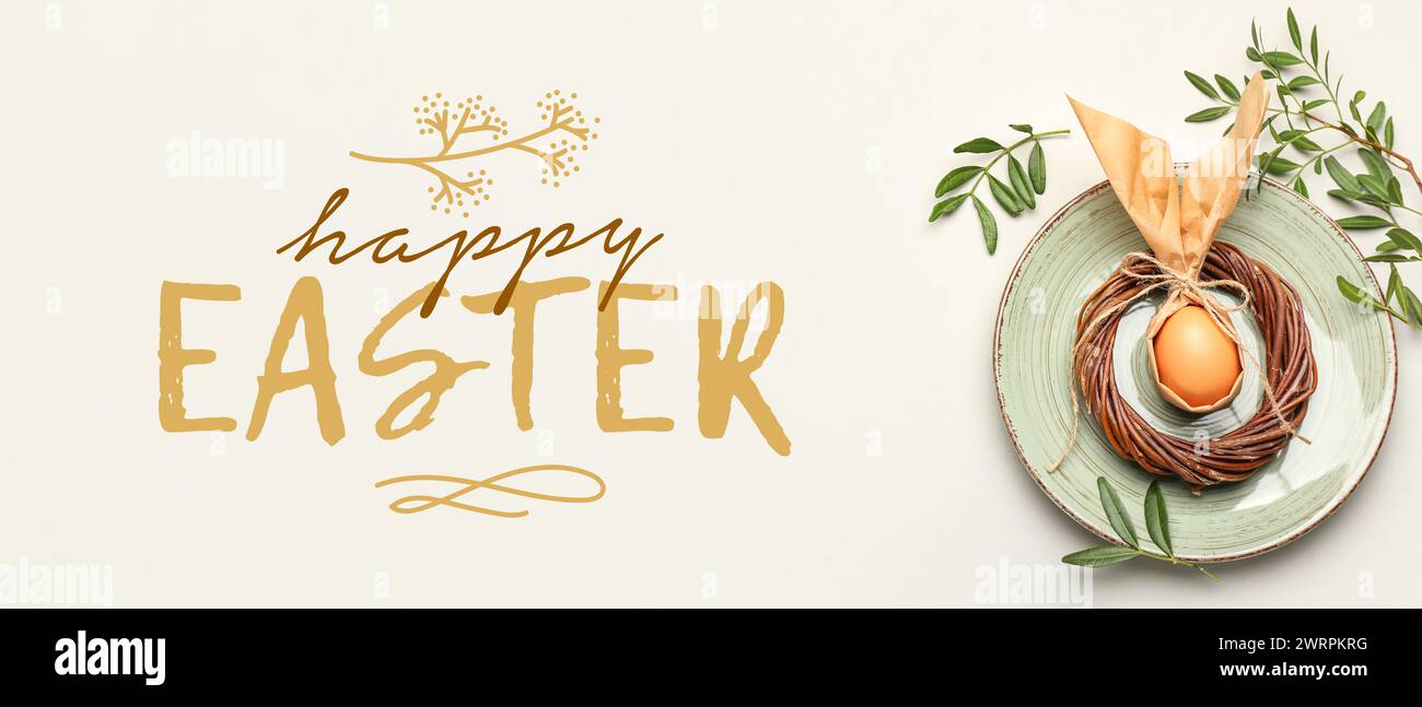 Festive banner for Happy Easter with stylish table setting and egg Stock Photo