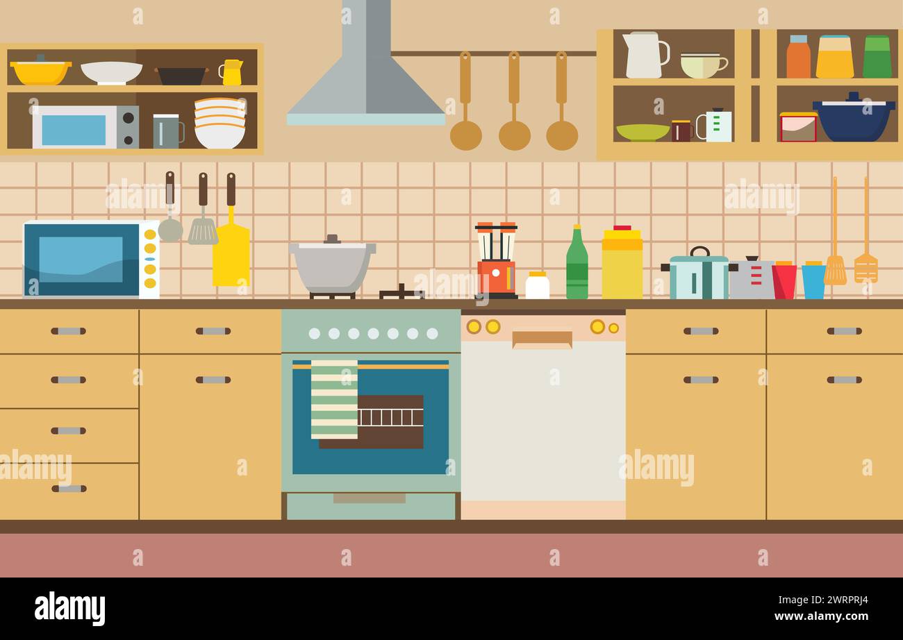 Flat Design of Kitchen in Restaurant with Kitchen Utensils and Storage ...