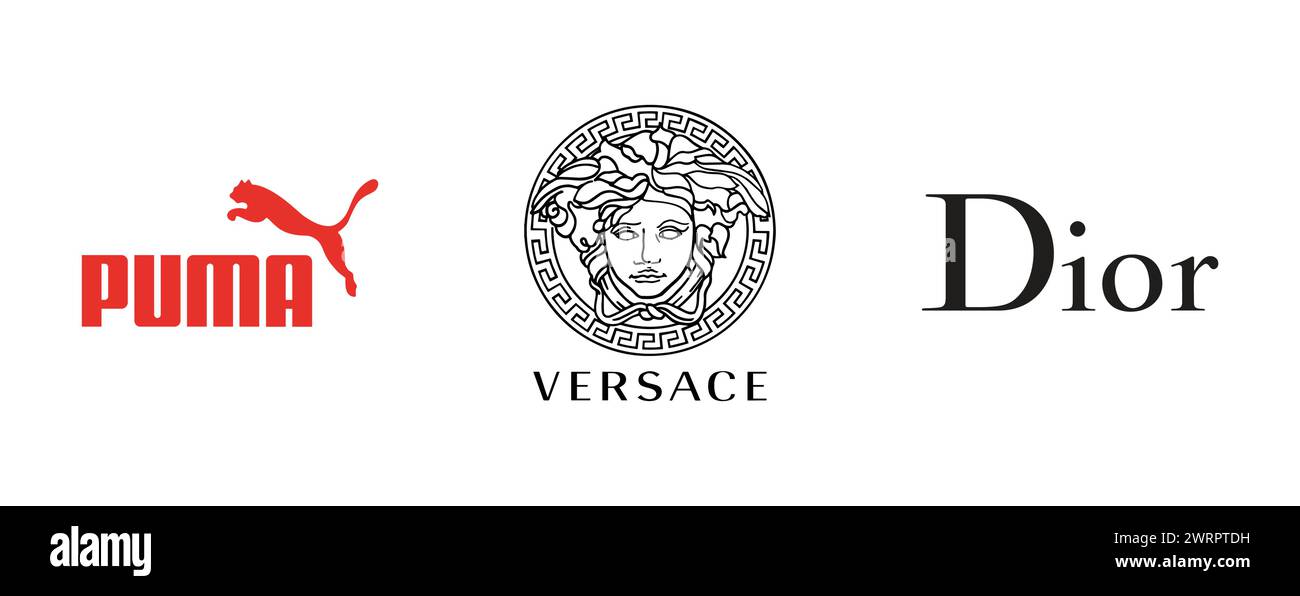 VERSACE, DIOR, PUMA. Editorial vector brand logo collection. Stock Vector
