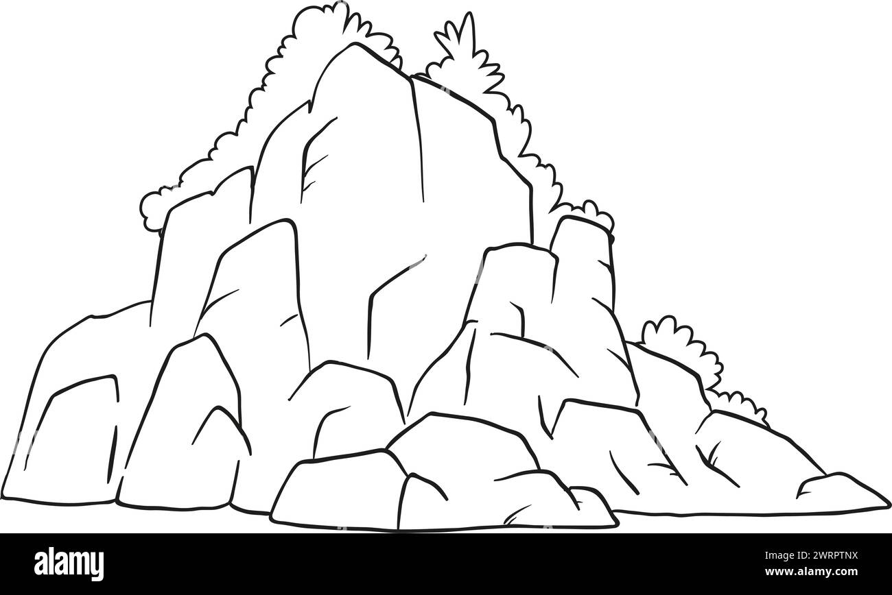 Black and white drawing of a rocky mountain Stock Vector