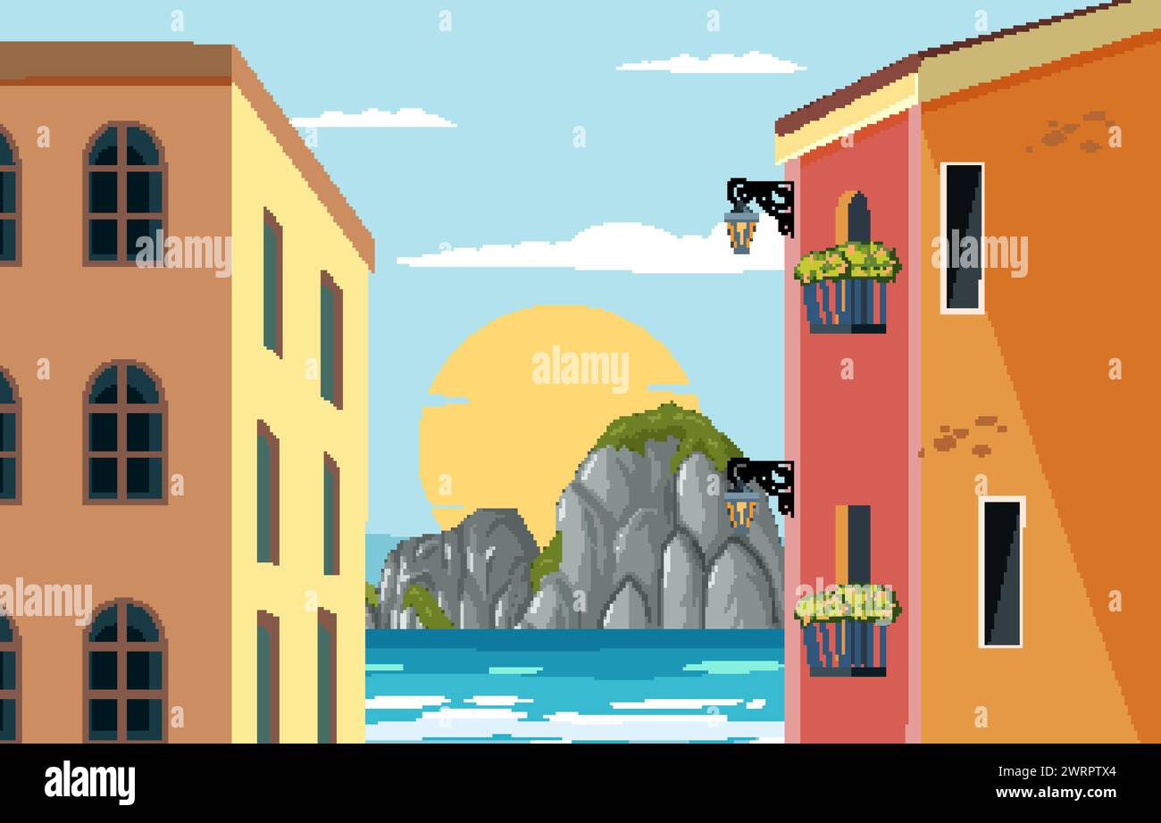 Vector illustration of a seaside town during sunset Stock Vector Image ...