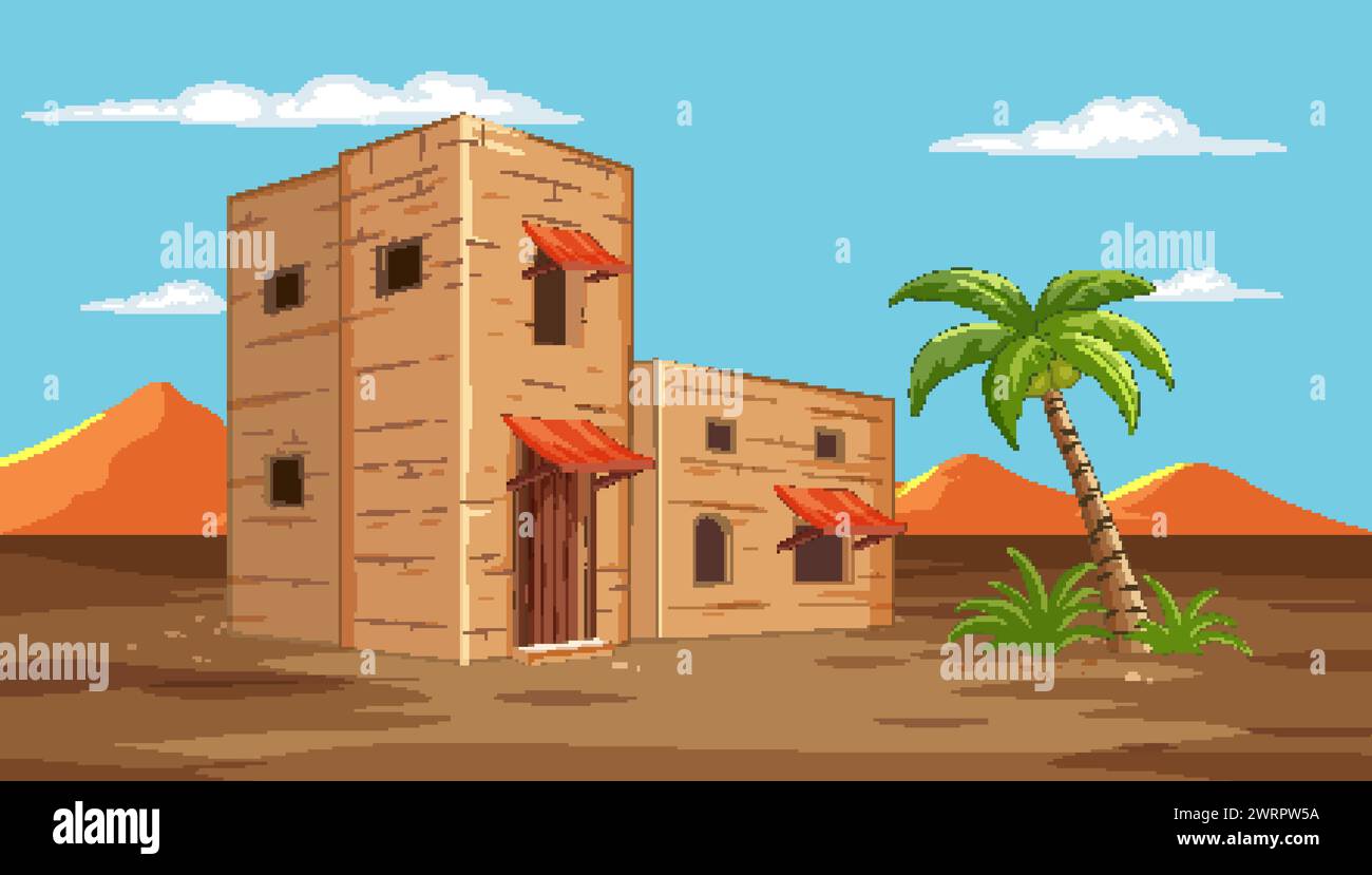 Vector illustration of adobe houses in a desert Stock Vector