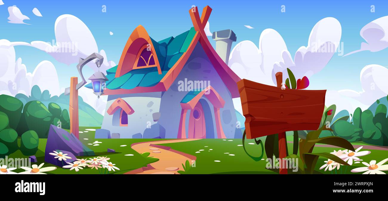 Fantasy house with garden in magic village cartoon background. Gnome, wizard or elf home with fantastic nature landscape. Rural medieval building design with signboard and lantern on grass meadow Stock Vector