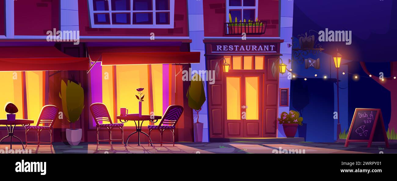 Cartoon restaurant outside eating area at night. Dark cityscape of cafe exterior with tables and chairs, decorative plants in pots near large lightening windows and red door. Terrace on sidewalk Stock Vector