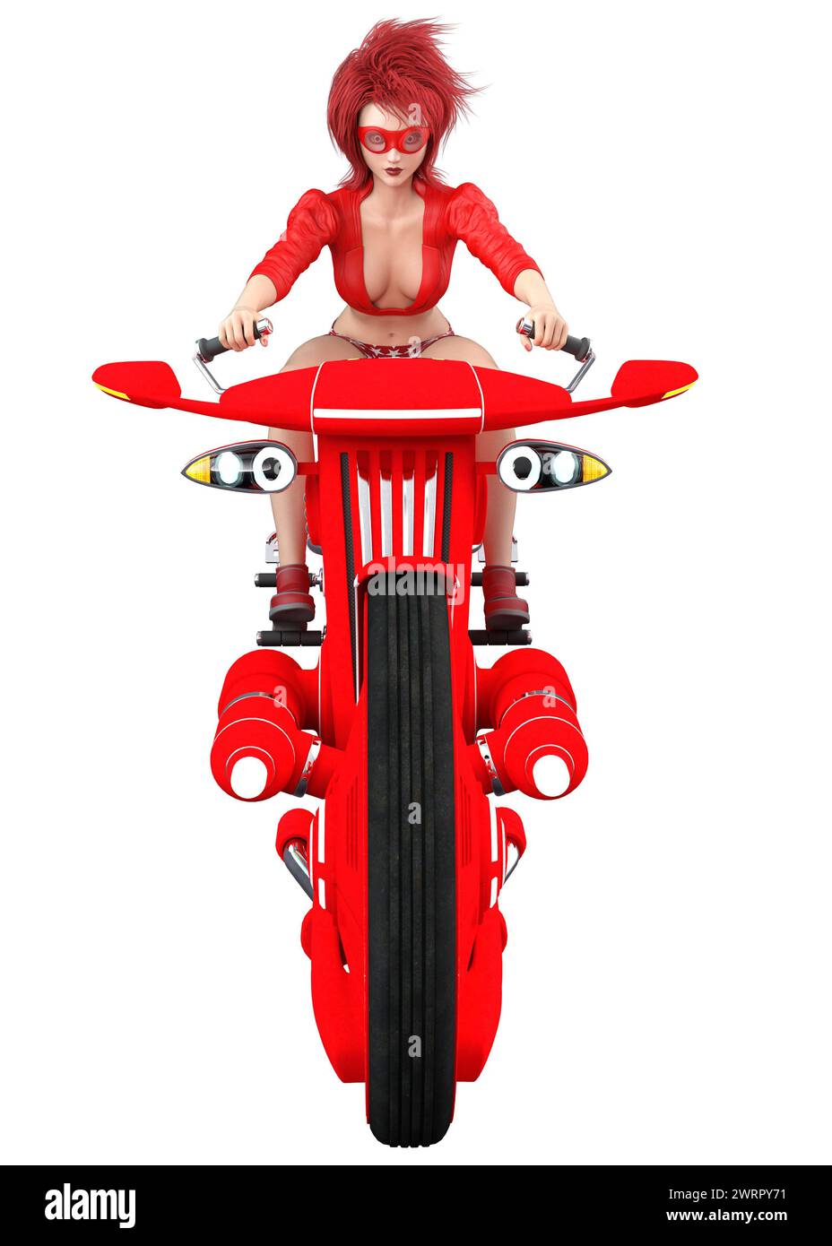 Anime punk girl on futuristic red motorbike, 3D Illustration. Stock Photo