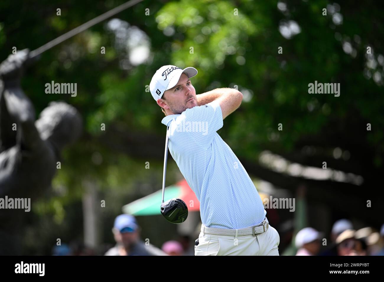 Russell Henley tees off on the first hole during the second round of